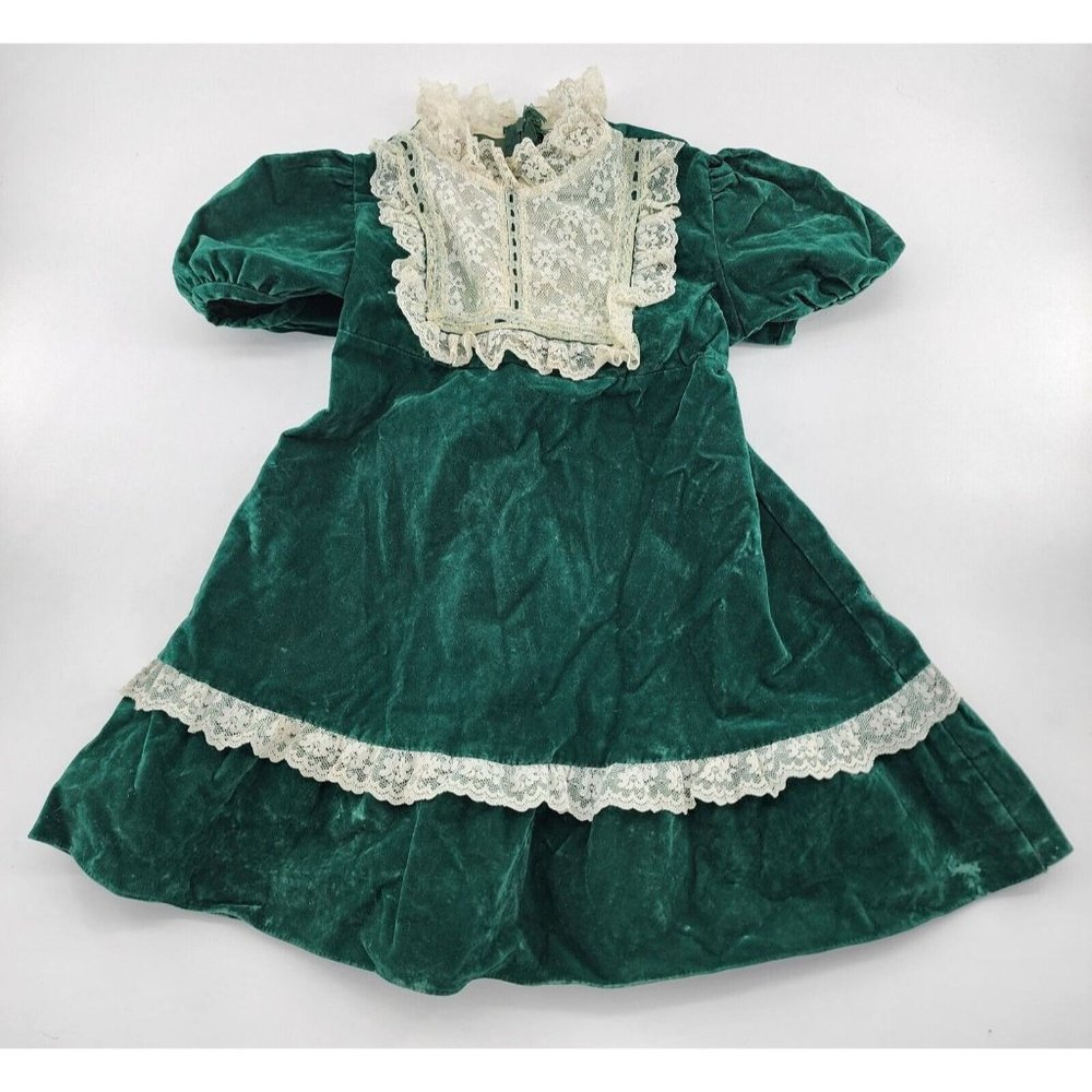 Vtg SEARS Girls Holiday Dress Victorian Style‎ Green Velvet Lace Detail Sz 5